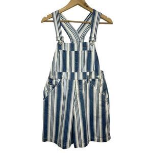 Vintage SKOOZI Blue & White Cotton Striped Shortalls Short Overalls Size Small
